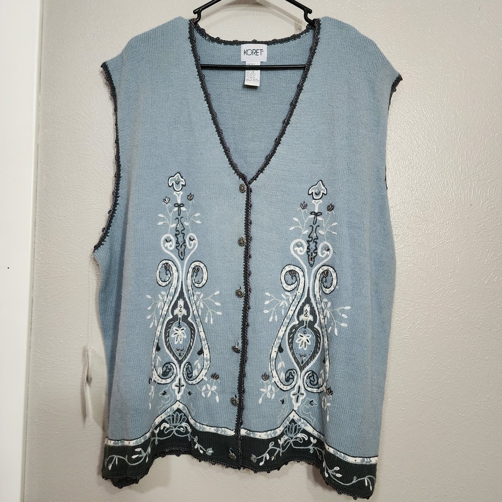 Vintage Koret Sweater Vest Womens Size 2X Blue Cottage core Teacher Floral Bloom
